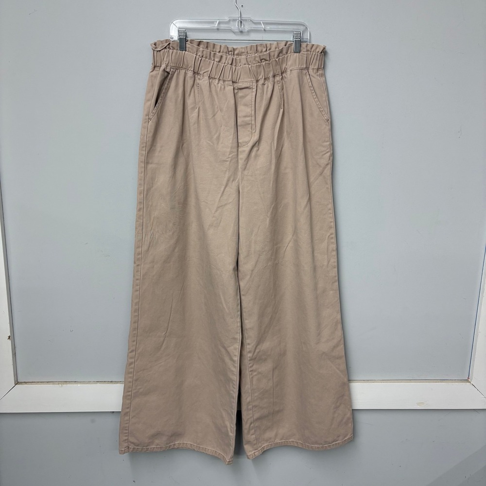 Zenana Womens 2X Tan Cotton Wide Leg Paperbag Waist Pants High Rise QP-1110X